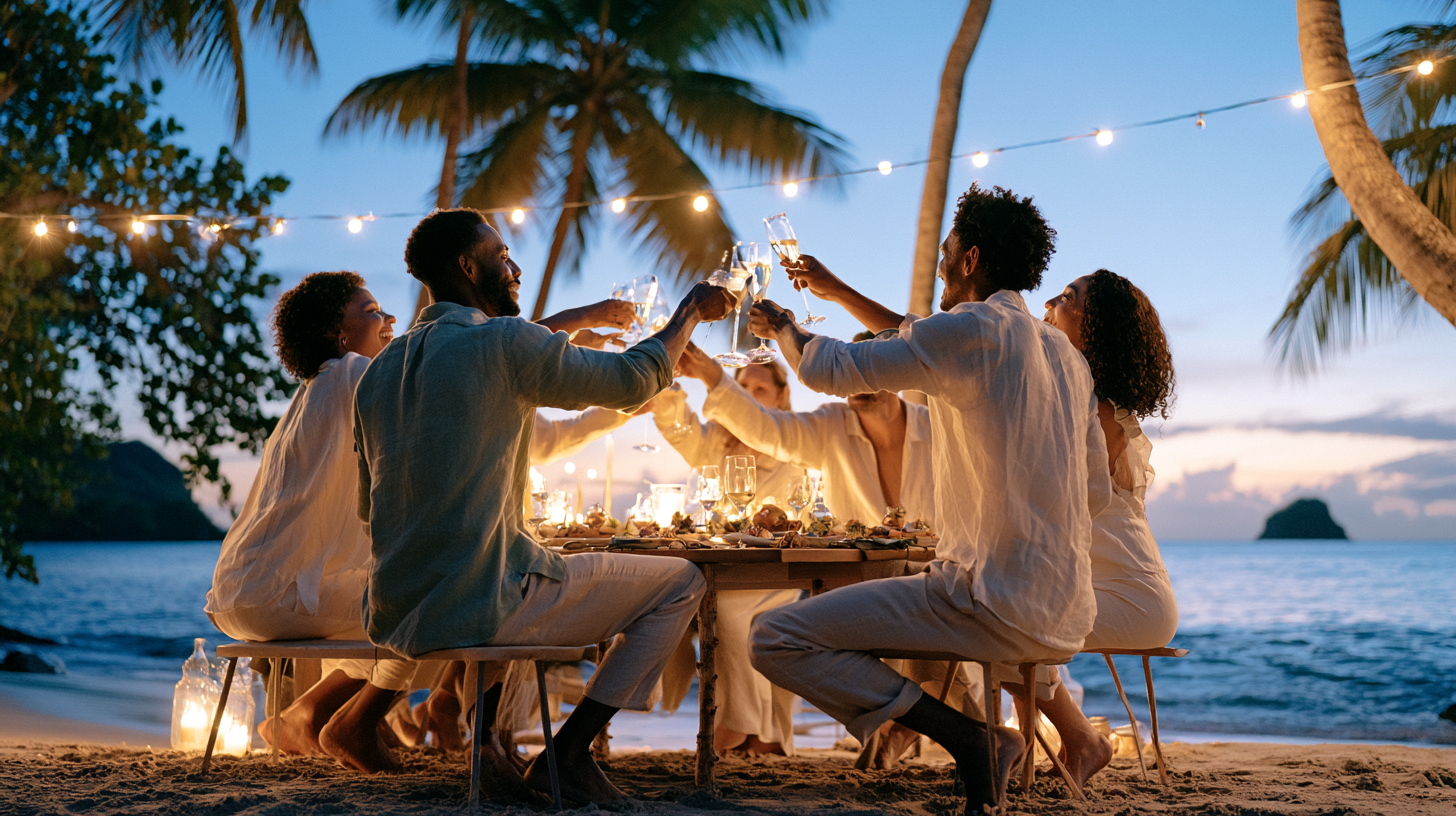 Friends raising a toast on the beach at dusk